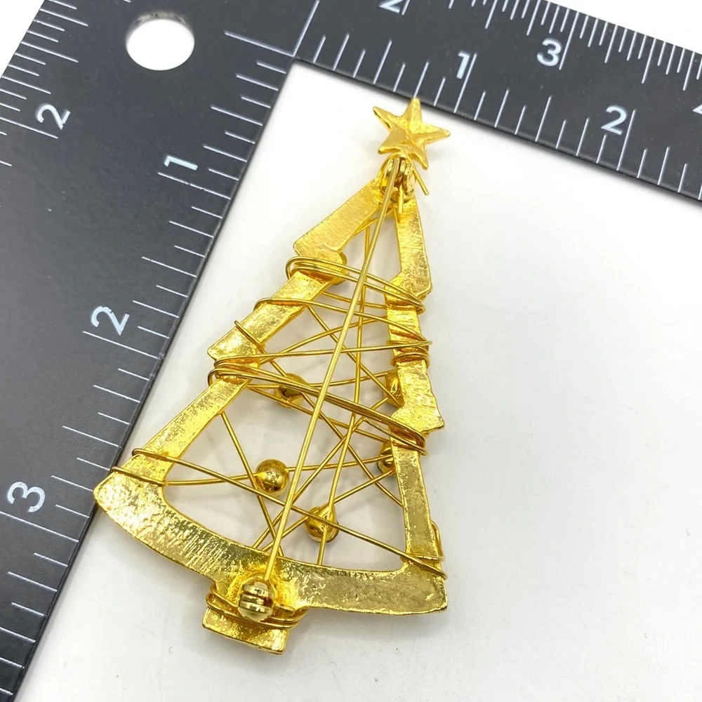 Christmas Tree Brooch Large Goldtone Modern Style With Rhinestones